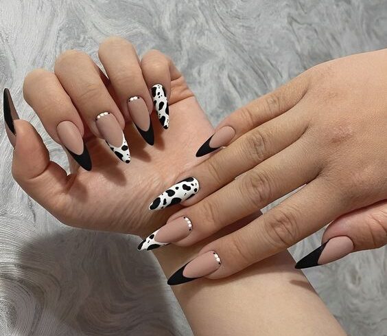 Vernis à ongles nude mat avec pointes françaises noires et nail art imprimé vache sur ongles longs à talons aiguilles